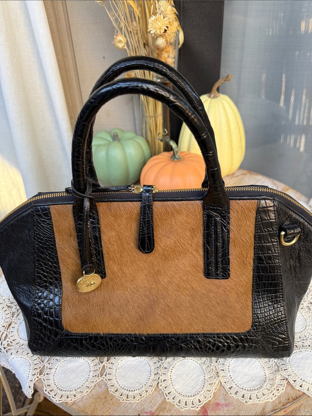 Brahmin Black Croc-Embossed & Brown Haircalf Satchel